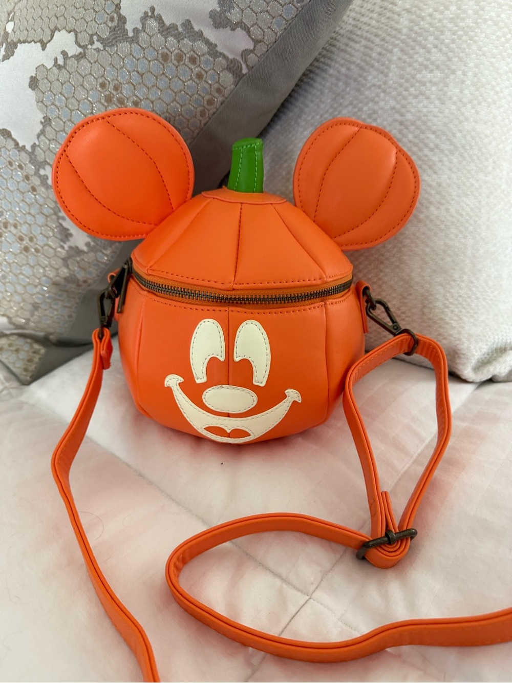 Loungefly Orange Pumpkin Mouse Crossbody Bag with Green Stem